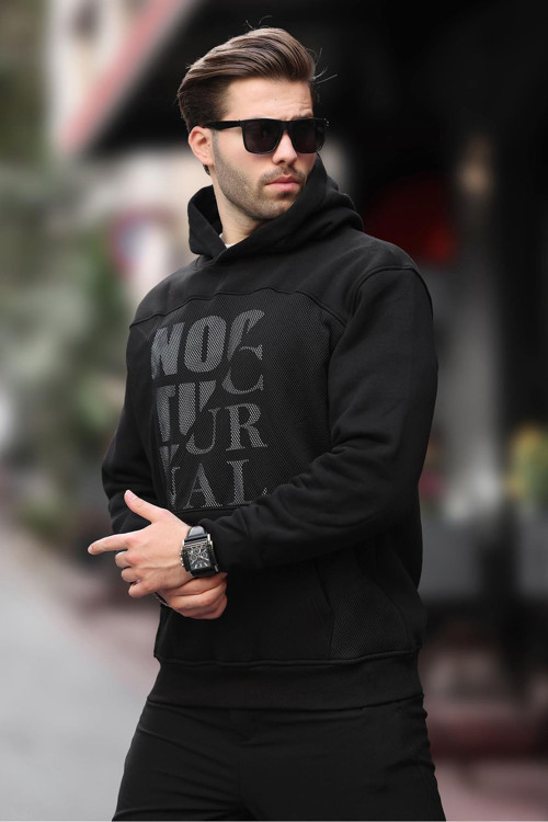 Siyah Baskılı Kapüşonlu Cep Detaylı Erkek Sweatshirt 7062