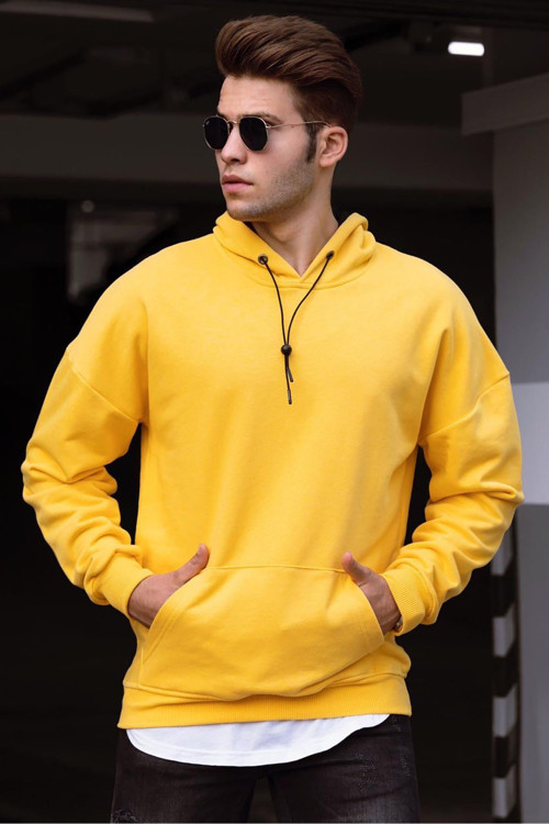 Basic Sarı Erkek Kapüşonlu Sweatshirt 4764