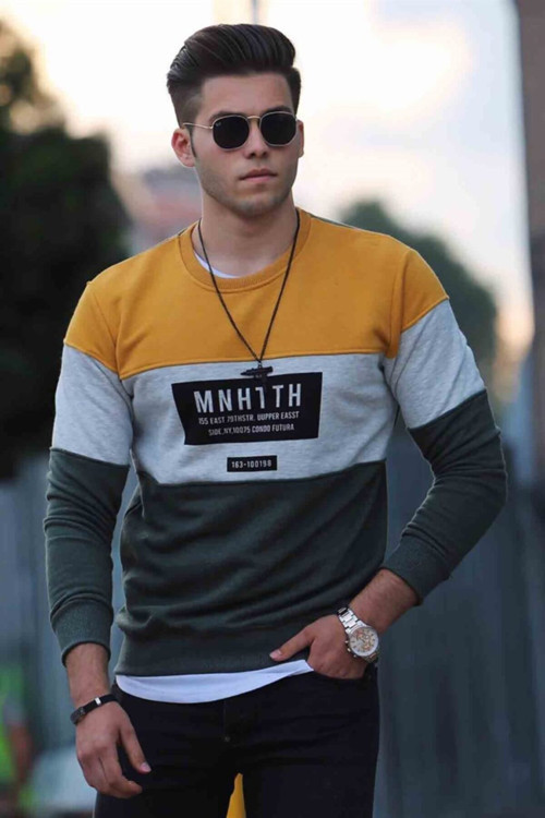 Erkek Sarı Renk Bloklu Baskılı Sweatshirt 4374