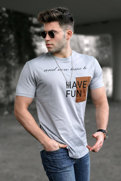 Baskılı Boyalı Gri Tişört 5366
