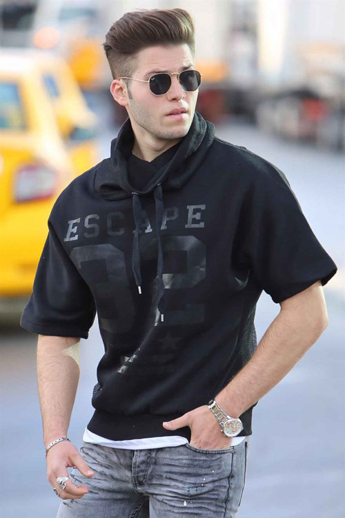 Kısa Kollu Baskılı Siyah Sweatshirt 1083