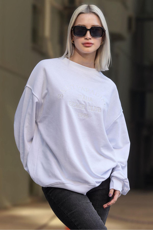 Beyaz Bisiklet Yaka Baskılı Sweatshirt Mg1924