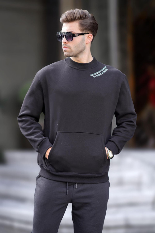 Siyah Bisiklet Yaka Nakış Detaylı Cepli Erkek Sweatshirt 7049