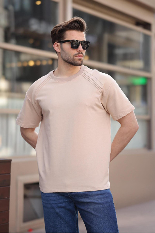 Bej Bisiklet Yaka Basic Erkek T-Shirt E7138