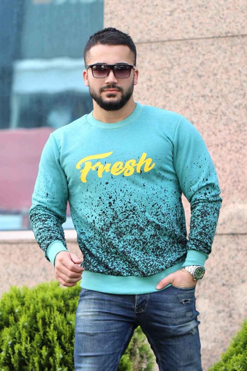 Yeşil Baskılı Bisiklet Yaka Sweatshirt