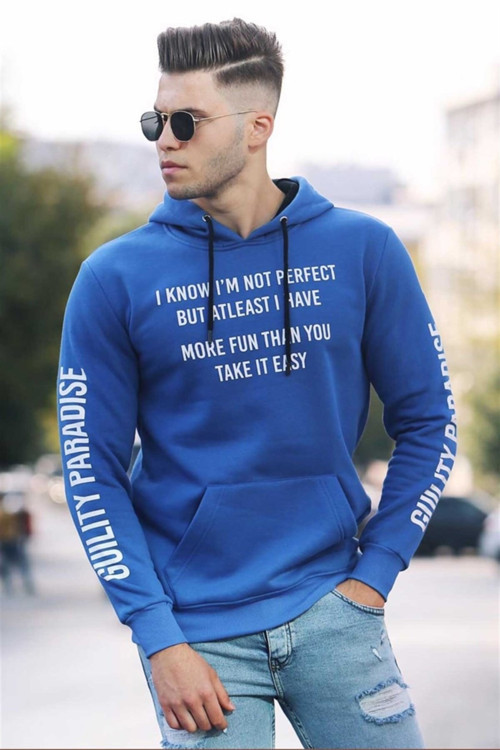 Erkek Baskılı Saks Kapşonlu Sweatshirt 4383