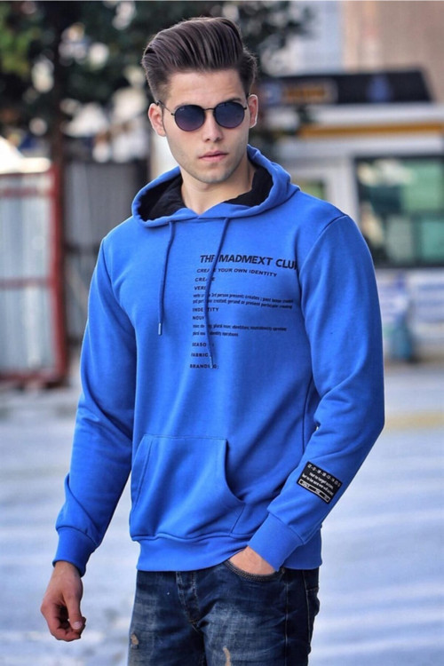 Erkek Baskılı Saks Kapşonlu Sweatshirt 4195