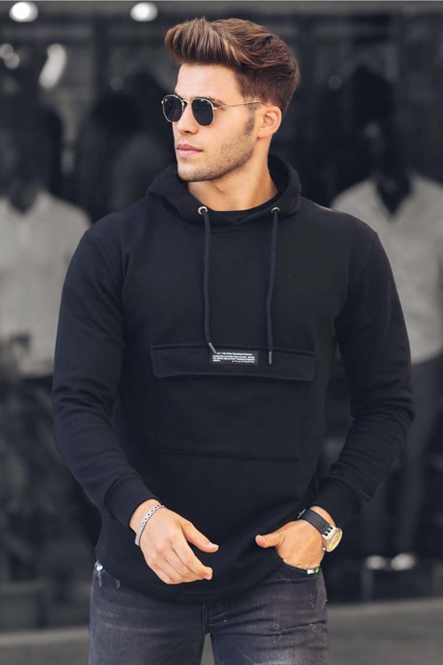 Erkek Siyah Cep Detaylı Kapüşonlu Sweatshirt 4693