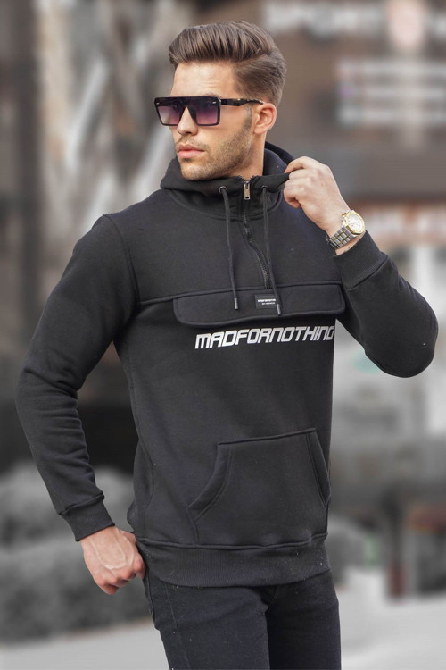 Siyah Kanguru Cep Kapüşonlu Sweatshirt 4729
