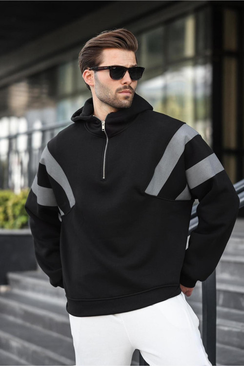 Siyah Fermuarlı Yaka Kapüşonlu Erkek Sweatshirt E7161