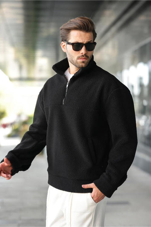 Siyah Yarım Fermuarlı Dik Yaka Polar Sweatshirt E7165