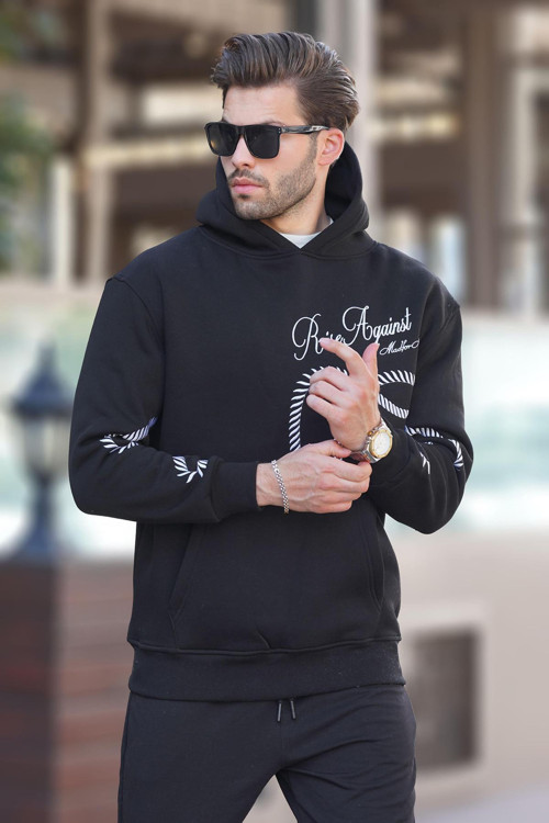 Siyah Baskılı Kapşonlu Cep Detaylı Erkek Sweatshirt 7067