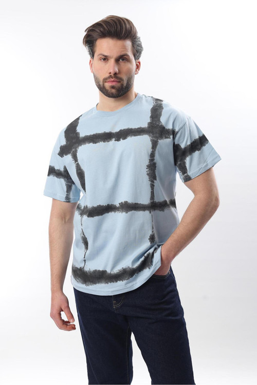 Bebe Mavisi Bisiklet Yaka Baskılı Basic Erkek T-Shirt E7109