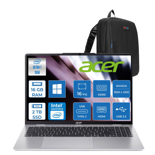 Aspire Lite AL16-53P Intel Core Ultra 7 155U 16GB Ddr5 2tb SSD Windows 11 Pro Intel® Aı Boost 16" Wuxga (1920X1200) IPS Laptop NXD5EEY001P03 + Zetta Çanta