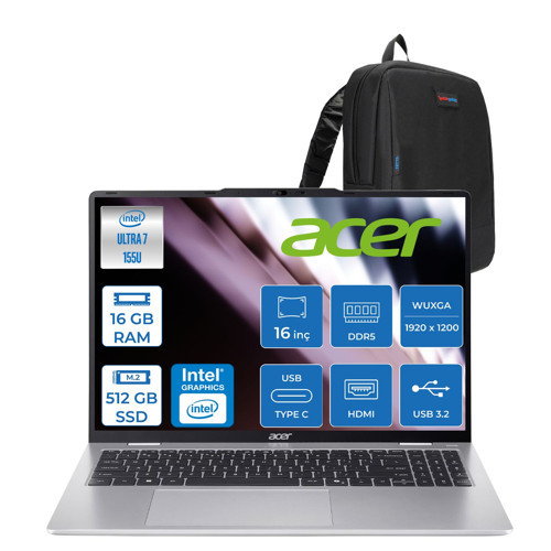 Aspire Lite AL16-53P Intel Core Ultra 7 155U 16GB Ddr5 512GB SSD Freedos Intel® Aı Boost 16" Wuxga (1920X1200) IPS Laptop NXD5EEY001F01 + Zetta Çanta