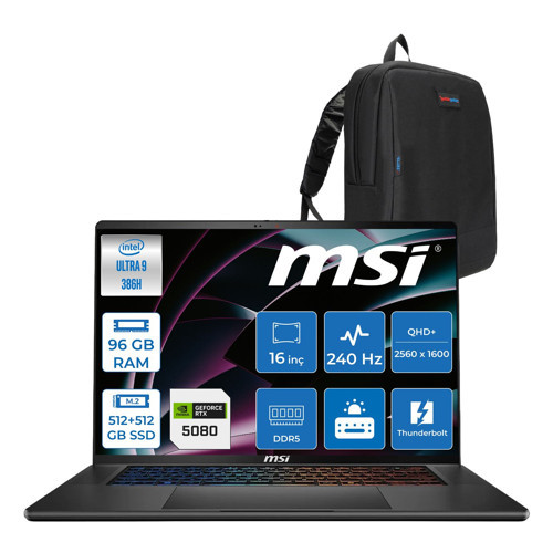 Msı Stealth 16 Aı+ B3WI-003TR Intel Core Ultra 9-386H Aı 96GB Ddr5 512GB SSD+512GB SSD 16GB/RTX5080 125W 16" Qhd+ (2560 x 1600) Oled, 240hz, Freedos Gaming Laptop B3WI003TRF42+ZETTAÇANTA