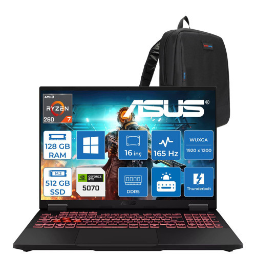Tuf Gaming A16 FA608UP Amd Ryzen™ 7 260 Aı 128GB Ddr5 512GB SSD 8GB/RTX5070 115W 16-Inch Fhd+ 1920 x 1200, 165Hz 3ms IPS-SRGB:100% WINDOWS11HOME Gaming Laptop WRV199H49+ZETTAÇANTA