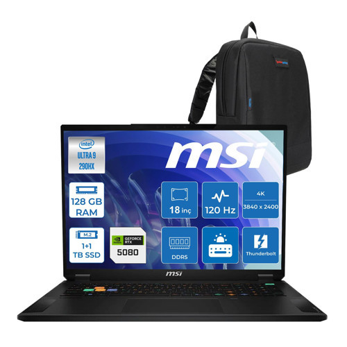 Msı Stealth 18 Hx A2WI-081TR Intel Core Ultra 9-290HX Plus Aı 128GB Ddr5 1tb Ssd+1tbssd 16GB/RTX5080 150W 18INÇ 4K UHD+120Hz Freedos Gaming Laptop MSA2WI081TRF52+ZETTAÇANTA