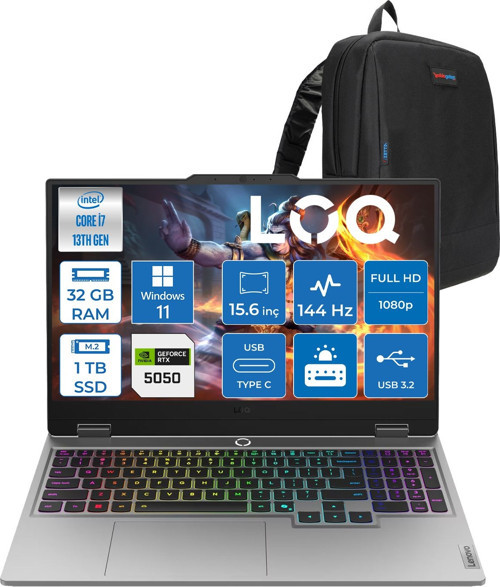 Loq 15IRX10 Intel Core I7 13700HX 32GB Ddr5 1tb SSD RTX5050 8gb 100W Windows 11 Pro 15.6" Fhd (1920X1080) IPS 300NITS 144Hz 100% Srgb Taşınabilir Bilgisayar W83JE00KKTRP14 + Zetta Çanta