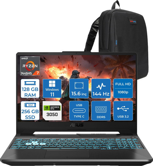Tuf Gaming A15 – FA506NCG Amd Ryzen 7-7445HS 128GB Ddr5 256GB SSD Rtx 3050/4GB 75W 15.6 Inç Full Hd 144Hz Ips-Level WIN11PRO Gaming Bilgisayar HN206AF36+ZETTAÇANTA