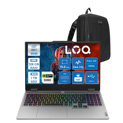 Loq Intel Core I7 13645HX 128GB Ddr5 1tb SSD Fdos 8GB/RTX5060/100W 15.6" Fhd IPS 144Hz %100 Srgb Gaming Laptop 83JE01BETRF50 + Zettaçanta