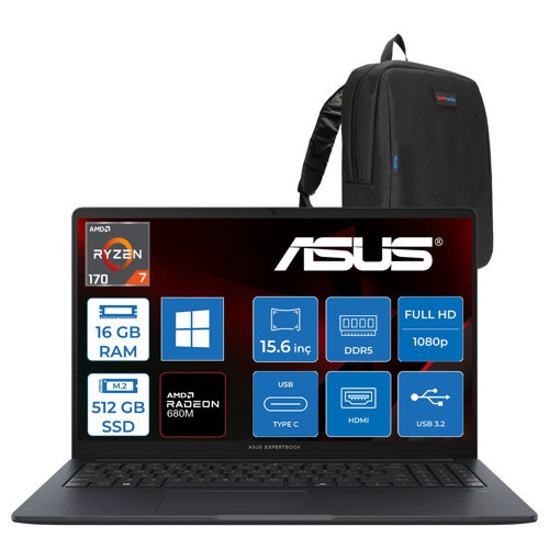 Expertbook BM1503CDA Amd Ryzen 7 170 16GB Ddr5 512GB SSD Windows 11 Home 15,6 Inç Fullhd Laptop S72178H01 + Zetta Çanta