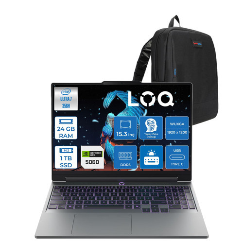 Loq Intel Core Ultra 7 356H 24GB Ddr5 1tb SSD 8GB/RTX5060/115W 15.3" Wuxga %100SRGB 165Hz Windows 11 Pro Gaming Bilgisayar 15IPH1156P08 + Zetta Çanta