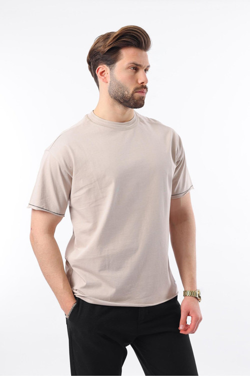 Bej Bisiklet Yaka Basic Erkek Tişört E7105