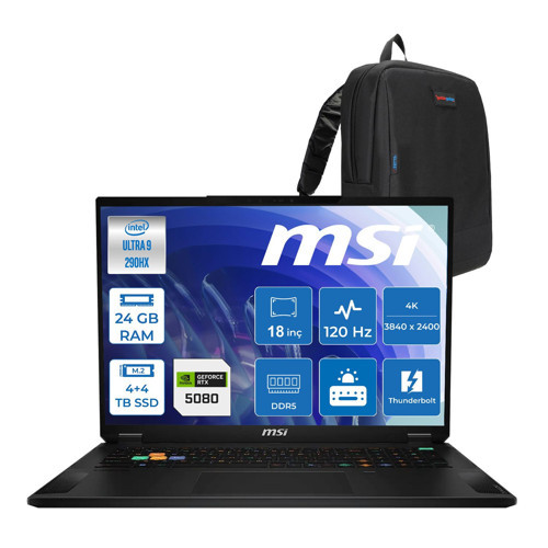 Msı Stealth 18 Hx A2WI-081TR Intel Core Ultra 9-290HX Plus Aı 24GB Ddr5 4tb Ssd+4tb SSD 16GB/RTX5080 150W 18INÇ 4K UHD+120Hz Freedos Gaming Laptop MSA2WI081TRF08+ZETTAÇANTA