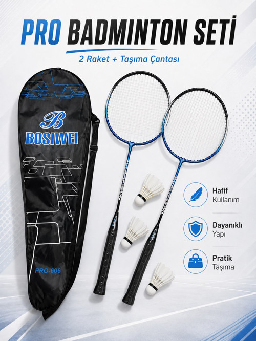 Pro-606 Badminton Seti 2 Raket 3 Top Taşıma Çantalı Badminton Raketi Ve Top Seti