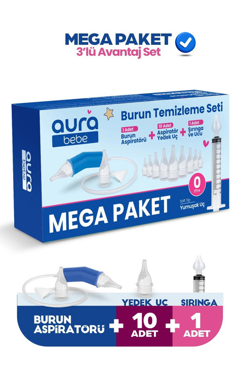 MEGA PAKET Bebek Burun Temizleme Aspiratörü, 10 Yedek Uç ve Burun Temizleme Şırıngası