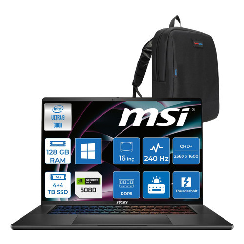 Msı Stealth 16 Aı+ B3WI-003TR Intel Core Ultra 9-386H Aı 128GB Ddr5 4tb SSD +4tb SSD 16GB/RTX5080 125W 16" Qhd+ (2560 x 1600) Oled, 240hz, Freedos Gaming Laptop B3WI003TRP56+ZETTAÇANTA