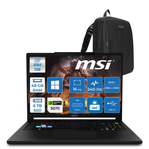 Msi Raider 16 Hx B2WGX-018TR Intel Core Ultra 9 275HX 48GB Ddr5 6tb SSD RTX5070 12GB 115W Windows 11 Home 16" QHD+(2560X1600) 240Hz OLED Oyuncu Bilgisayarı 018TRH09 + Zetta Çanta