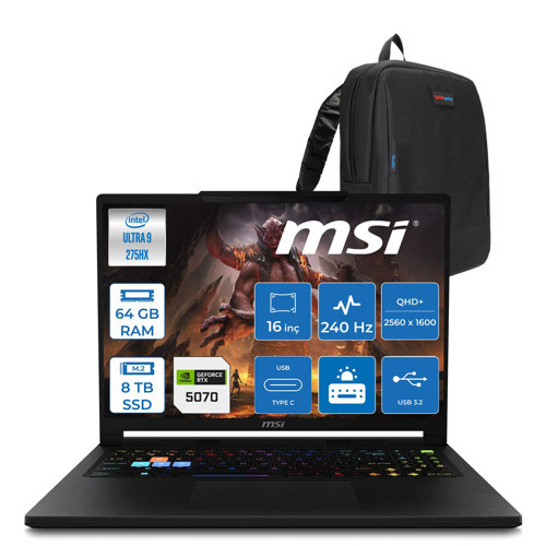 Msi Raider 16 Hx B2WGX-018TR Intel Core Ultra 9 275HX 64GB Ddr5 8tb SSD RTX5070 12GB 115W Freedos 16" QHD+(2560X1600) 240Hz OLED Oyuncu Bilgisayarı 018TRF15 + Zetta Çanta