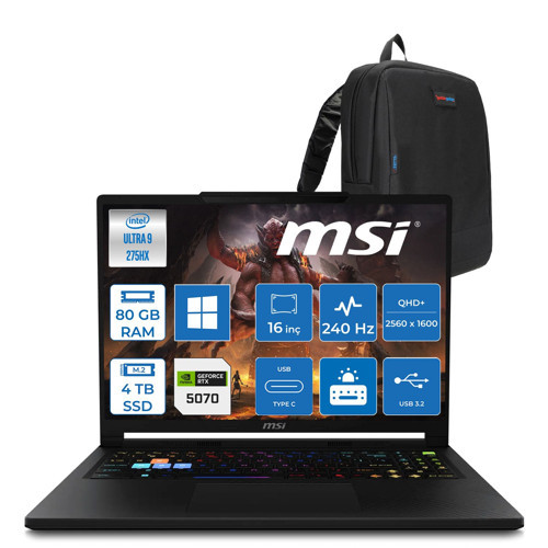 Msi Raider 16 Hx B2WGX-018TR Intel Core Ultra 9 275HX 80GB Ddr5 4tb SSD RTX5070 12GB 115W Windows 11 Home 16" QHD+(2560X1600) 240Hz OLED Oyuncu Bilgisayarı 018TRH18 + Zetta Çanta