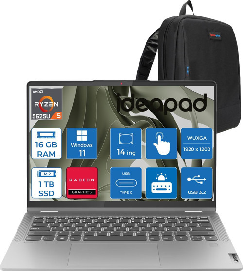 Ideapad Flex5 14ABR8 Amd Ryzen 5 5625U 16GB 1tb SSD 14" Wuxga (1920X1200) IPS 300NITS WIN11HOME Dokunmatik + Digital Pen Taşınabilir Bilgisayar 82XX00JTTXH03+ZETTAÇANTA