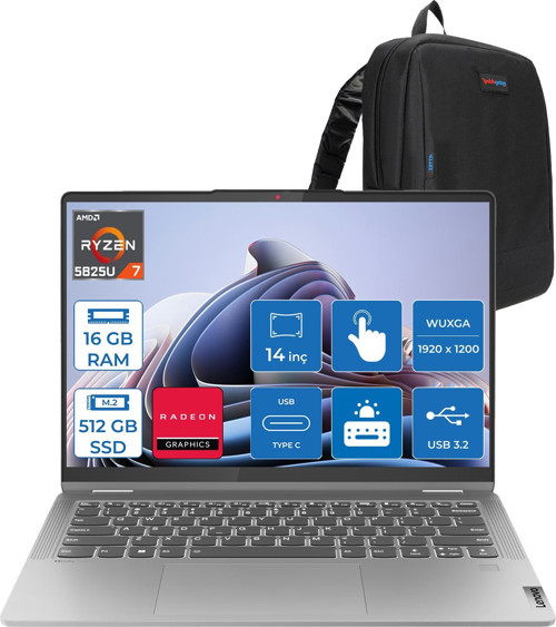 Ideapad Flex5 14ABR8 Amd Ryzen 7 5825U 16GB 512GB SSD 14" Wuxga (1920X1200) IPS 300NITS Freedos Dokunmatik + Digital Pen Taşınabilir Bilgisayar 82XX00JSTXF02+ZETTAÇANTA