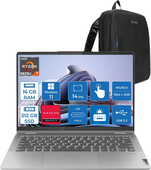 Ideapad Flex5 14ABR8 Amd Ryzen 7 5825U 16GB 512GB SSD 14" Wuxga (1920X1200) IPS 300NITS WIN11PRO Dokunmatik + Digital Pen Taşınabilir Bilgisayar 82XX00JSTXP02+ZETTAÇANTA
