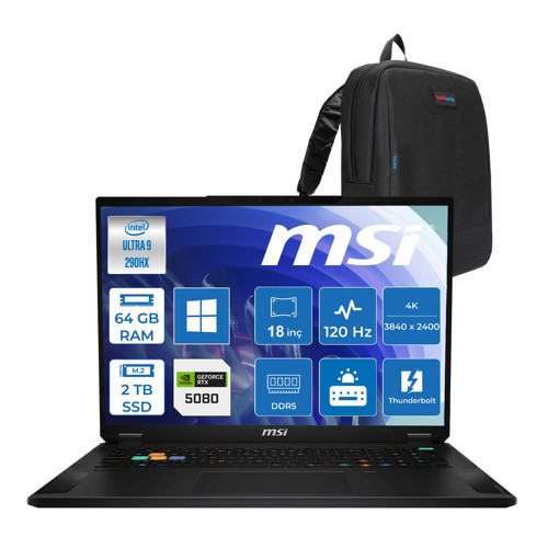 Msı Stealth 18 Hx A2WI-081TR Intel Core Ultra 9-290HX Plus Aı 64GB Ddr5 2tb SSD 16GB/RTX5080 150W 18INÇ 4K UHD+120Hz WINDOWS11HOME Gaming Laptop MSA2WI081TRH29+ZETTAÇANTA