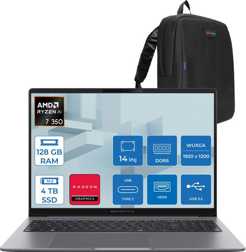 Expertbook P3 PM3406CKA Ryzen Aı 7-350 128GB Ddr5 4tb SSD Radeon 860M 14.0-Inch, Wuxga (1920 x 1200) 300NITS Freedos Taşınabilir Bilgisayar PM3406CKAF35+ZETTAÇANTA