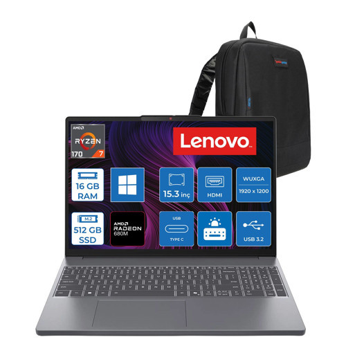 Ideapad Slim 3 15ARP10 Amd Ryzen 7 170 16GB Ddr5 512GB SSD 15.3" Wuxga (1920X1200) IPS 300NITS WIN11PRO Taşınabilir Bilgisayar 83K700PSTRP02+ZETTAÇANTA