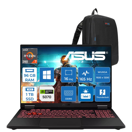 Tuf Gaming A16 FA608UP Amd Ryzen™ 7 260 Aı 96GB Ddr5 1tb SSD 8GB/RTX5070 115W 16-Inch Fhd+ 1920 x 1200, 165Hz 3ms IPS-SRGB:100% WINDOWS11PRO Gaming Laptop WRV199P43+ZETTAÇANTA