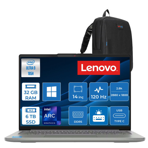 Ideapad Slim 5 14IMH10 Intel Core Ultra 9 185H 32GB Ddr5 6tb SSD Windows 11 Home Intel Arc Graphics 14" 2.8k (2880X1800) OLED 500NITS 120Hz Laptop 83V6004DTRH15 + Zetta Çanta