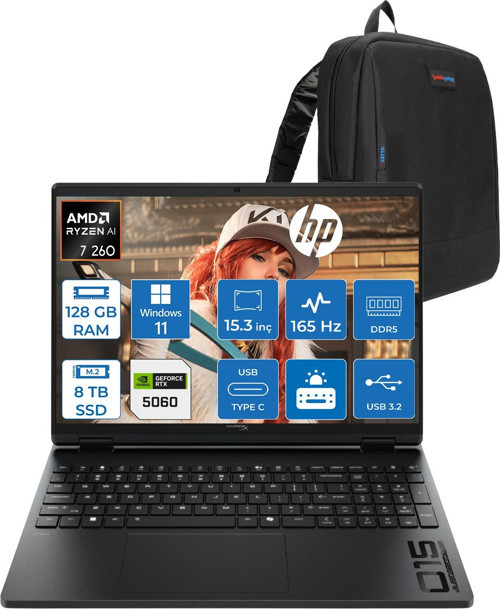 Hyperx Omen 15-GB0004NT Amd Ryzen 7 260 128GB Ddr5 8tb SSD Geforce RTX5060 8gb Windows 11 Pro 15.3" Wuxga (1920X1200) IPS 300NITS 165Hz Oyuncu Bilgisayarı HOD2QV9EAP54 + Zetta Çanta