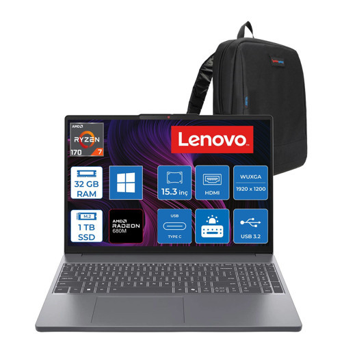 Ideapad Slim 3 15ARP10 Amd Ryzen 7 170 32GB Ddr5 1tb SSD 15.3" Wuxga (1920X1200) IPS 300NITS WIN11HOME Taşınabilir Bilgisayar 83K700PSTRH13+ZETTAÇANTA
