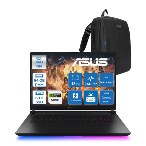Rog Strix Scar G18 G835LXG-TQ557 Intel Core Ultra 9 290HX Plus 64GB Ddr5 6tb SSD Fdos 175W RTX5090 24GB Ggdr7 18" 4K Wquxga Miniled 240Hz Gaming Laptop ROGTQ557F35 + Zettaçanta
