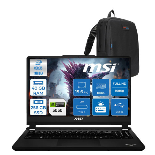 Msi Cyborg 15 Max C13WE-072XTR Intel Core I5 13420H 40GB Ddr5 256GB SSD Geforce RTX5050 100W Gddr7 8gb Freedos 15.6" IPS Fullhd (1920X1080) 144Hz Oyuncu Bilgisayarı 072TRF16 + Zetta Çanta