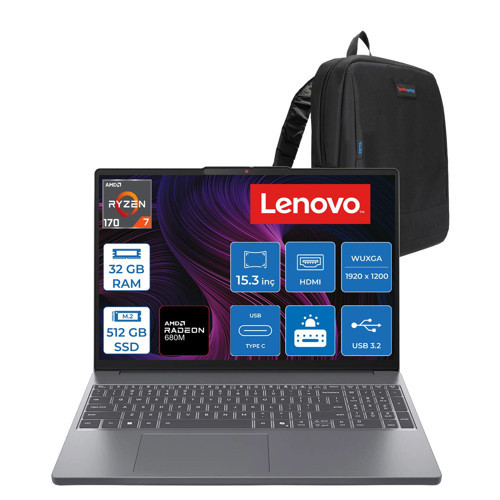 Ideapad Slim 3 15ARP10 Amd Ryzen 7 170 32GB Ddr5 512GB SSD 15.3" Wuxga (1920X1200) IPS 300NITS Freedos Taşınabilir Bilgisayar 83K700PSTRF12+ZETTAÇANTA