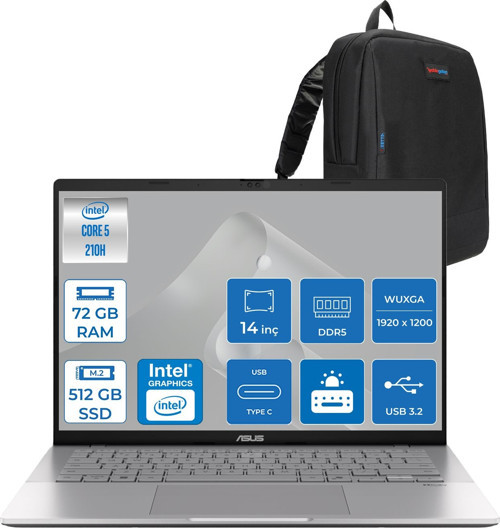 Vivobook S14 Intel Core 5 210H 72GB Ddr5 512GB SSD Intel UHD Graphics 14" Wuxga IPS 60Hz 300NITS Freedos Taşınabilir Bilgisayar LY083F17 + Zettaçanta