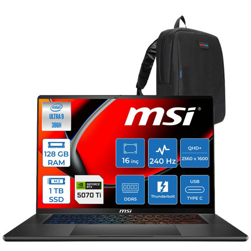 Msı Stealth A16 Aı+ Ultra 9 386H 128GB 1tb SSD 12GB/RTX5070TI/105W 16" Qhd+ 240Hz Windows 11 Pro Gaming Bilgisayar MXB3WHP42 + Zettaçanta